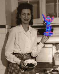 Is Your AI Content Safe to Use? A black and white photo of 1950s woman stanfing by a fridge, holidiung a modern day mini robot. The robot is in colour and represents AI.